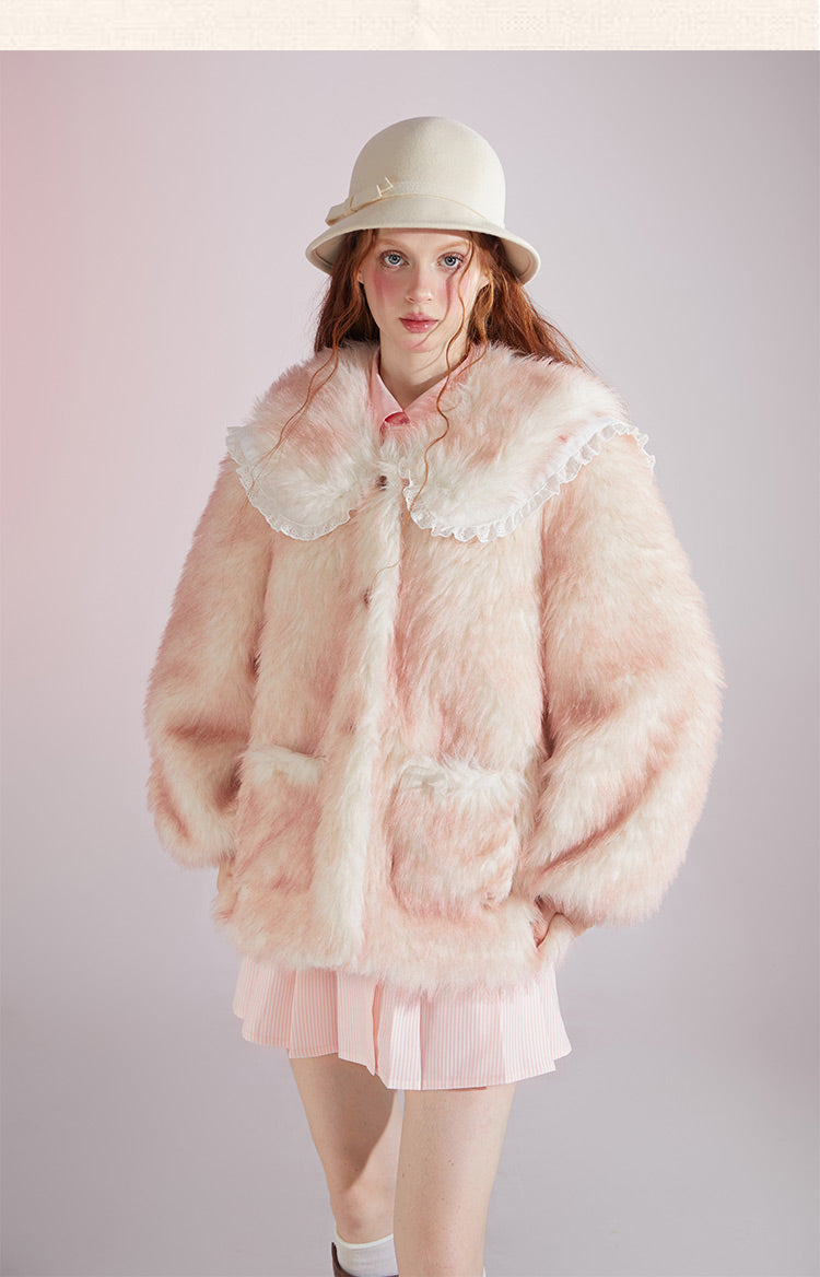 Original designSweet Baby Collar White&Pink Fur Coat