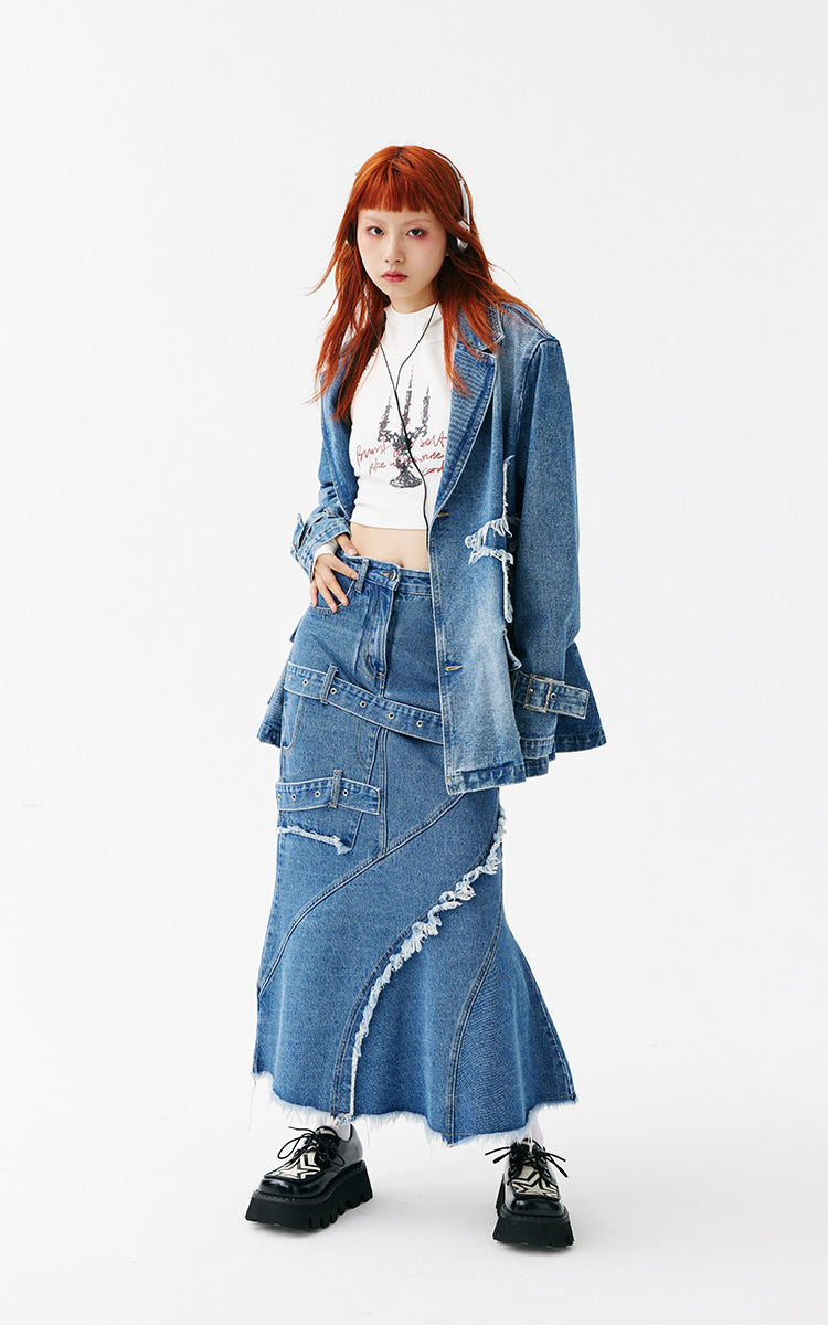 Loose Fit Damaged Star Shape Denim Setup