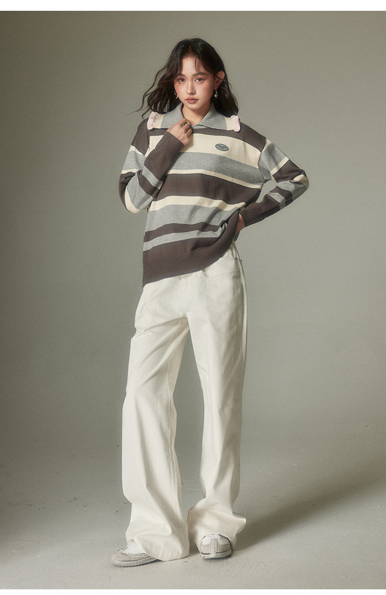 Retro contrast stripe polo sweatshirt