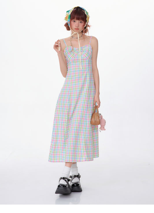 Slit Suspender Plaid Dress