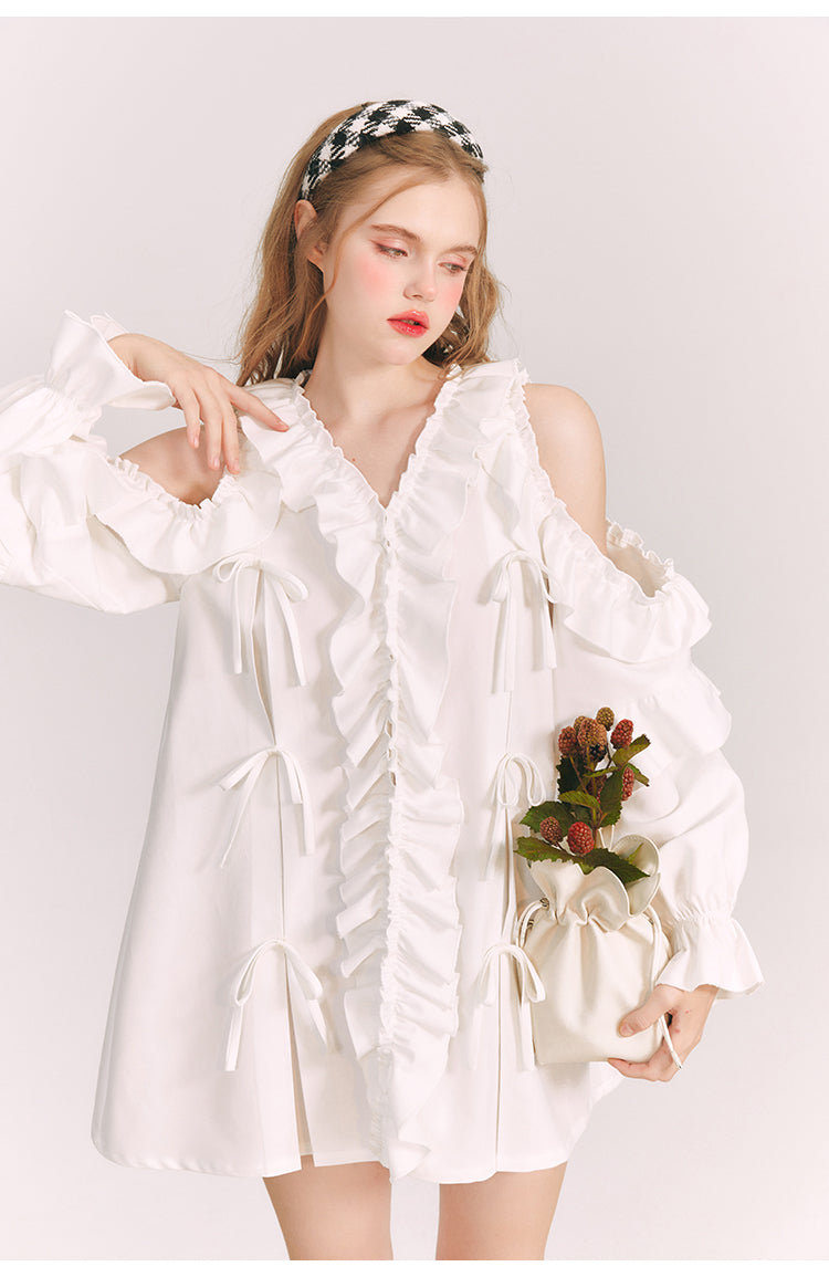 Off-the-shoulder Frilled V-neck Shirt Dress