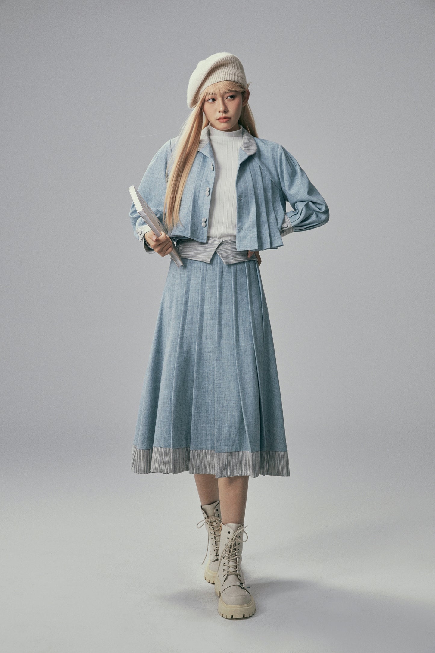 Retro blue imitation denim splice short jacket and skirt