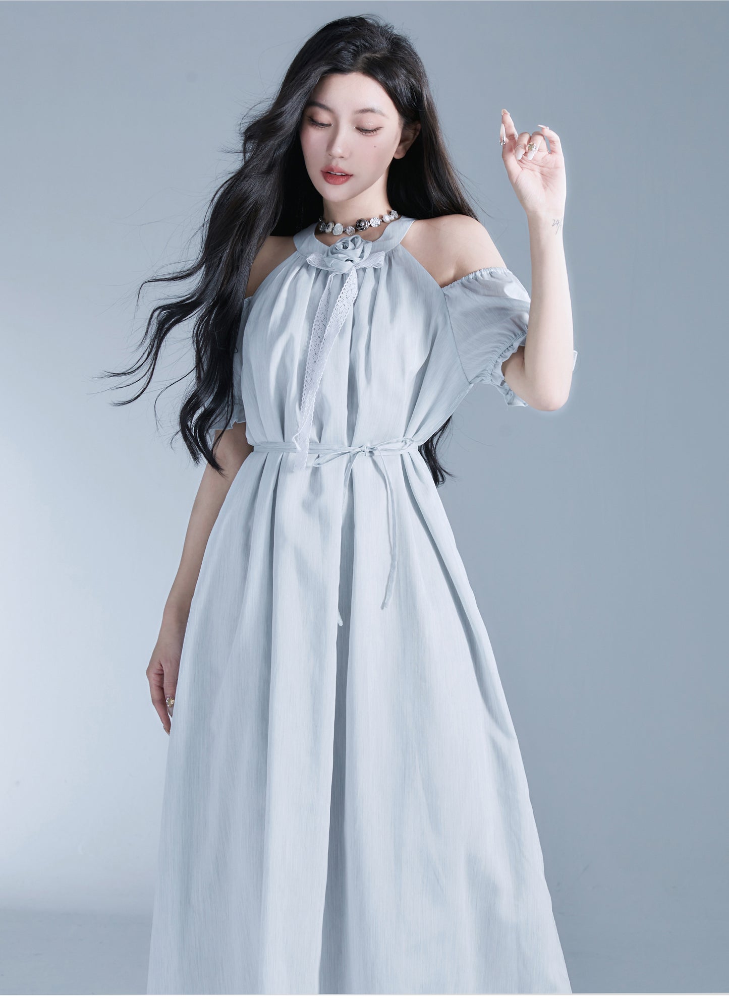 Neck Rose Sleeveless Long Length Dress