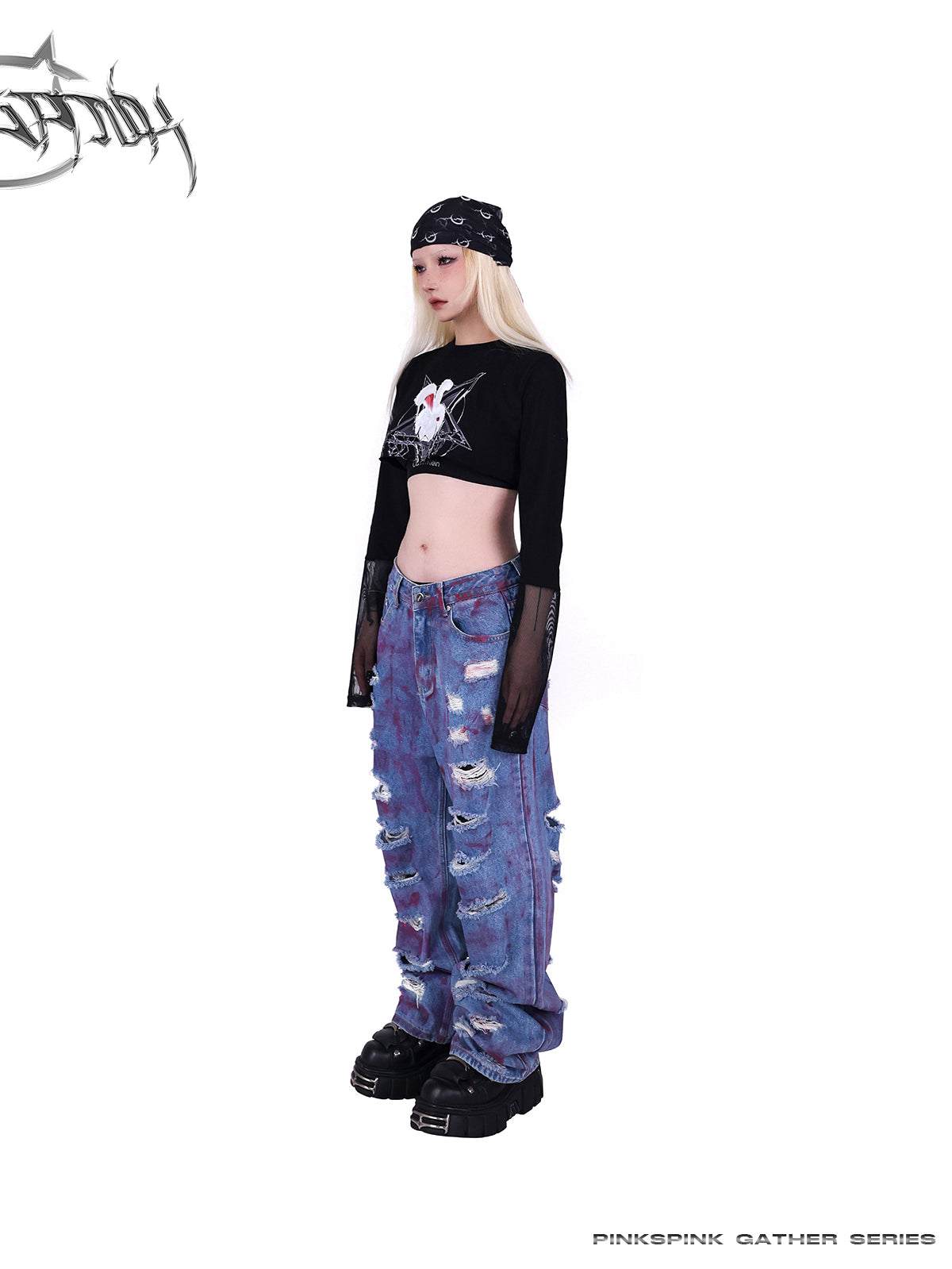 Loose Straight Graffiti Damaged Denim Pants