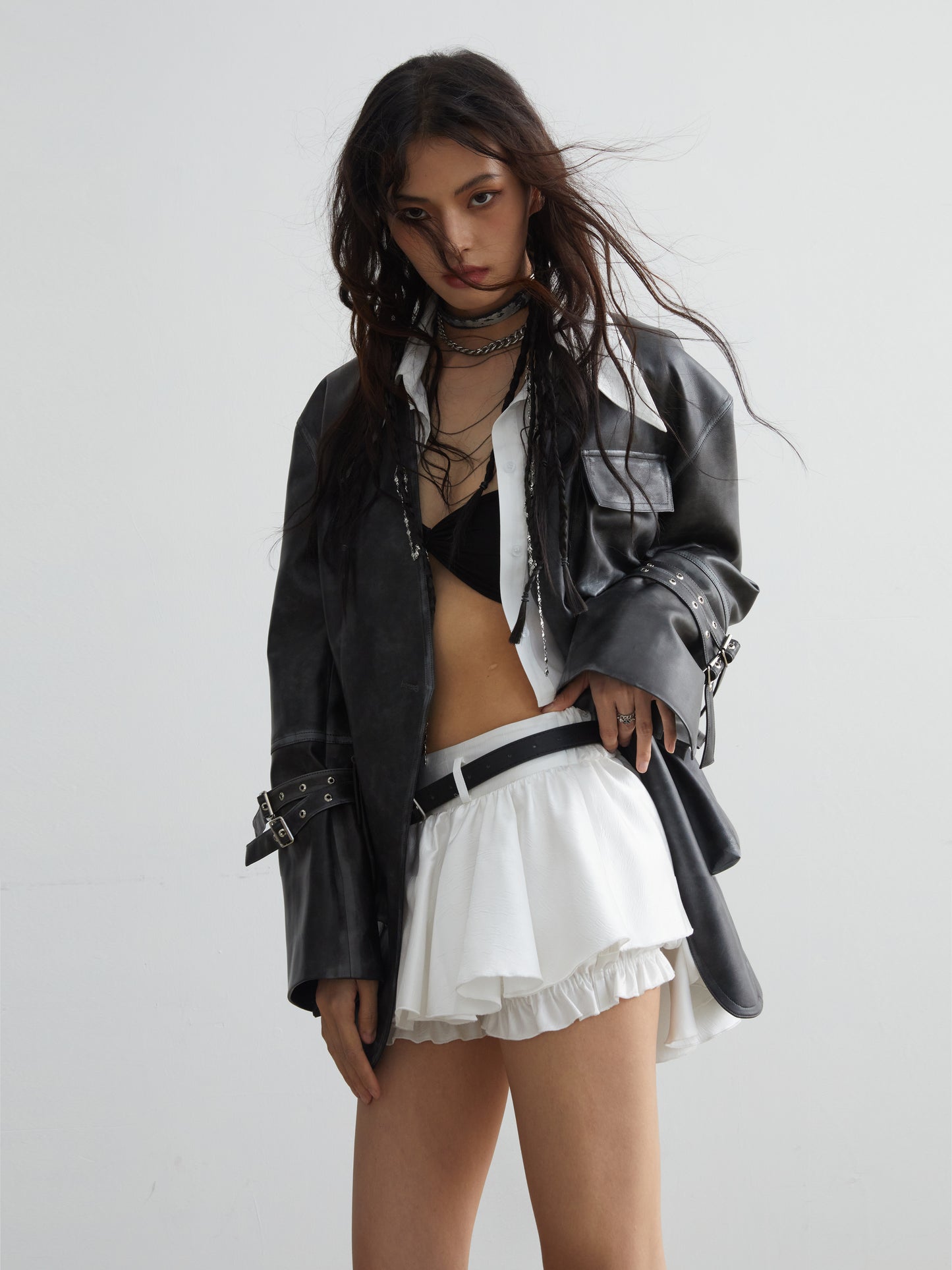 Belt Decoration Anti-exposure Frill Miniskirt