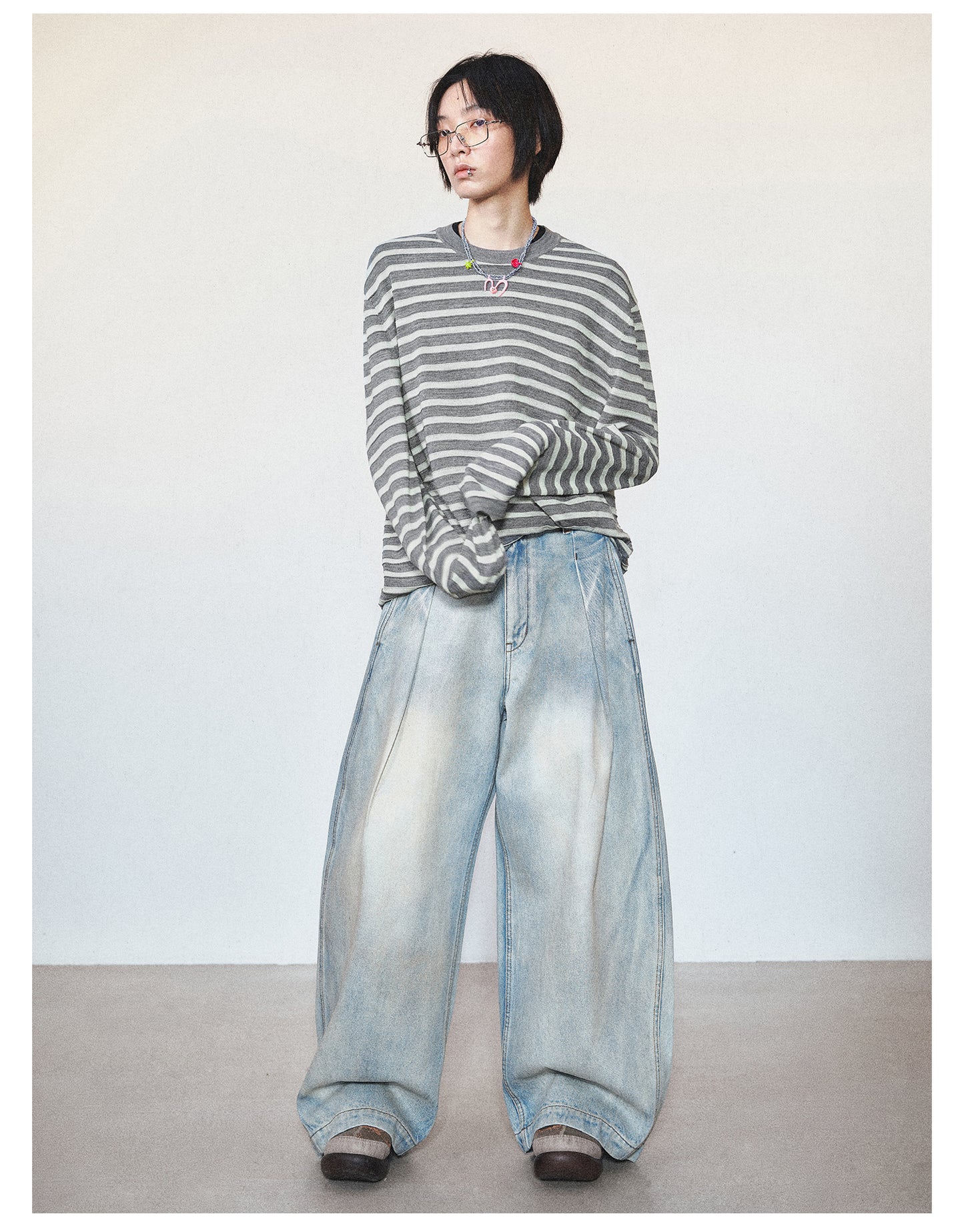 Retro Washed Damaged Wide Leg Casual Denim