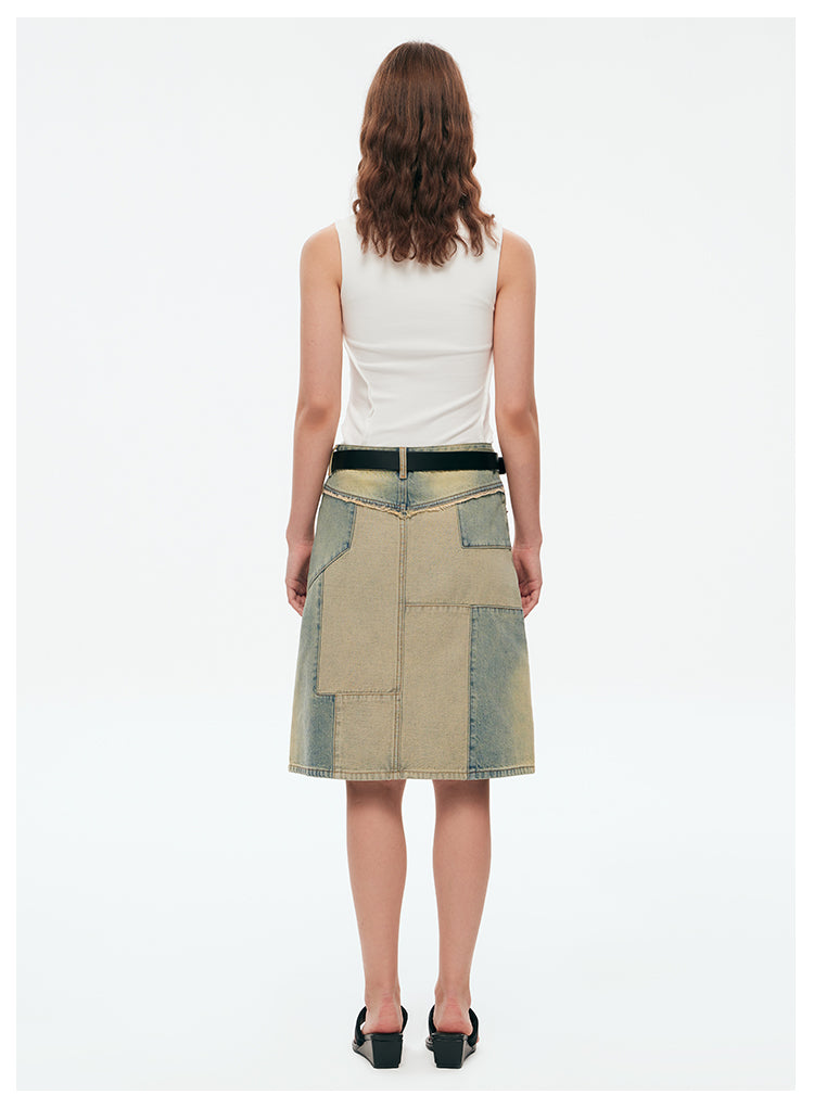 Reconstructed Retro Washed Slim A-Line Skirt