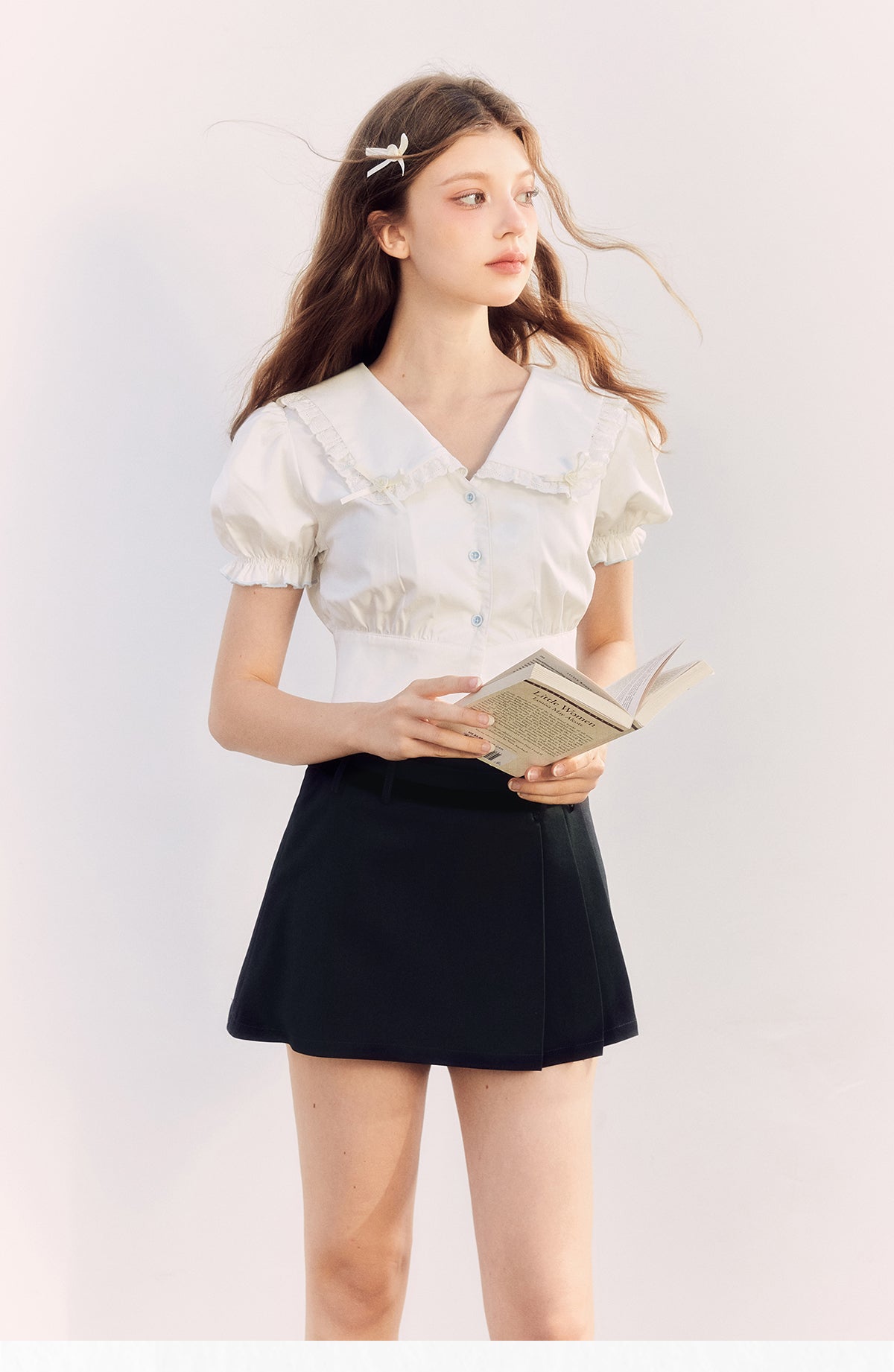 Puff sleeve label waist short shirt