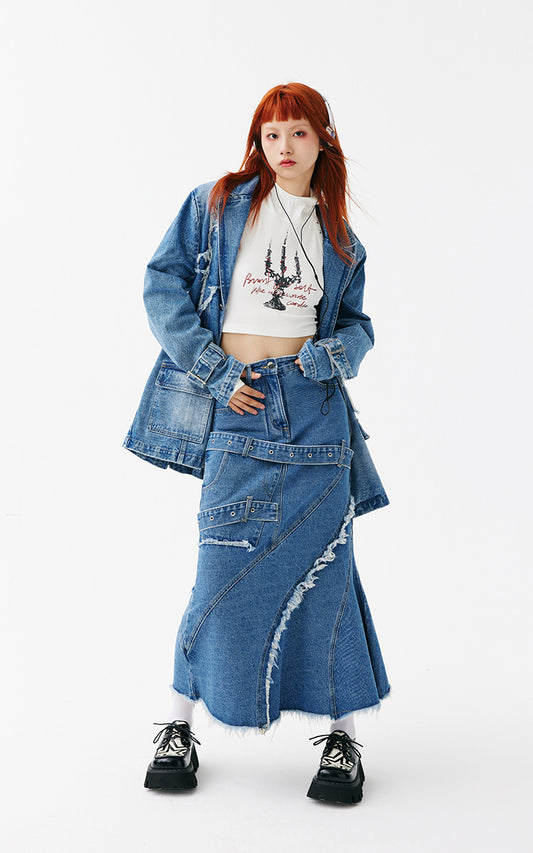 Loose Fit Damaged Star Shape Denim Setup