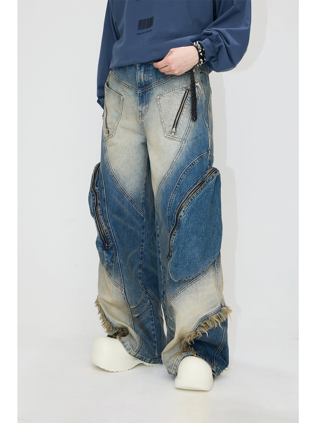 Loose Straight Multi-pocket Washed Denim Pants