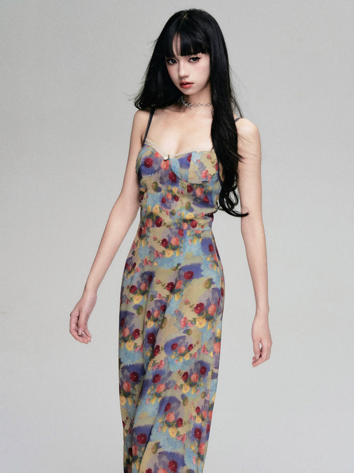 French Retro Stain Floral Suspender Dress