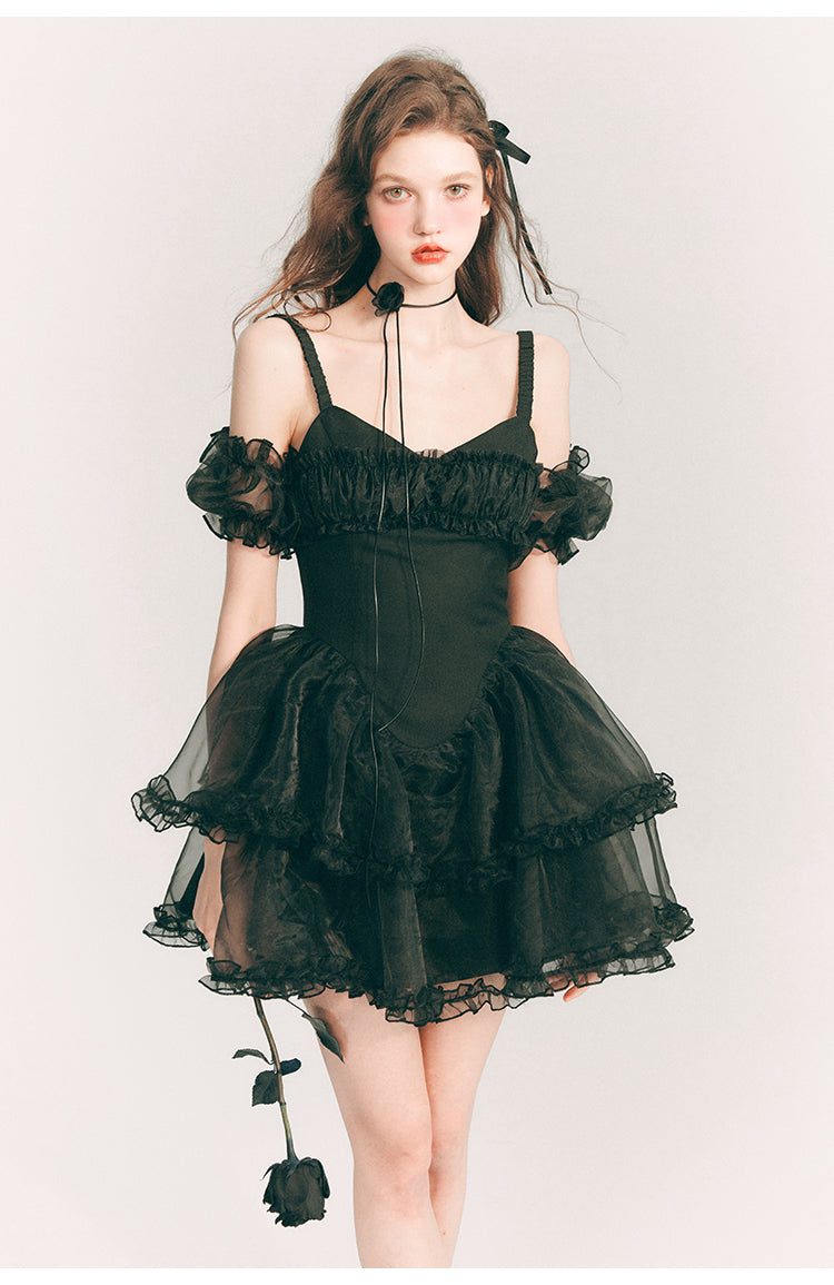 Frill Suspender Puff Skirt Short Dress