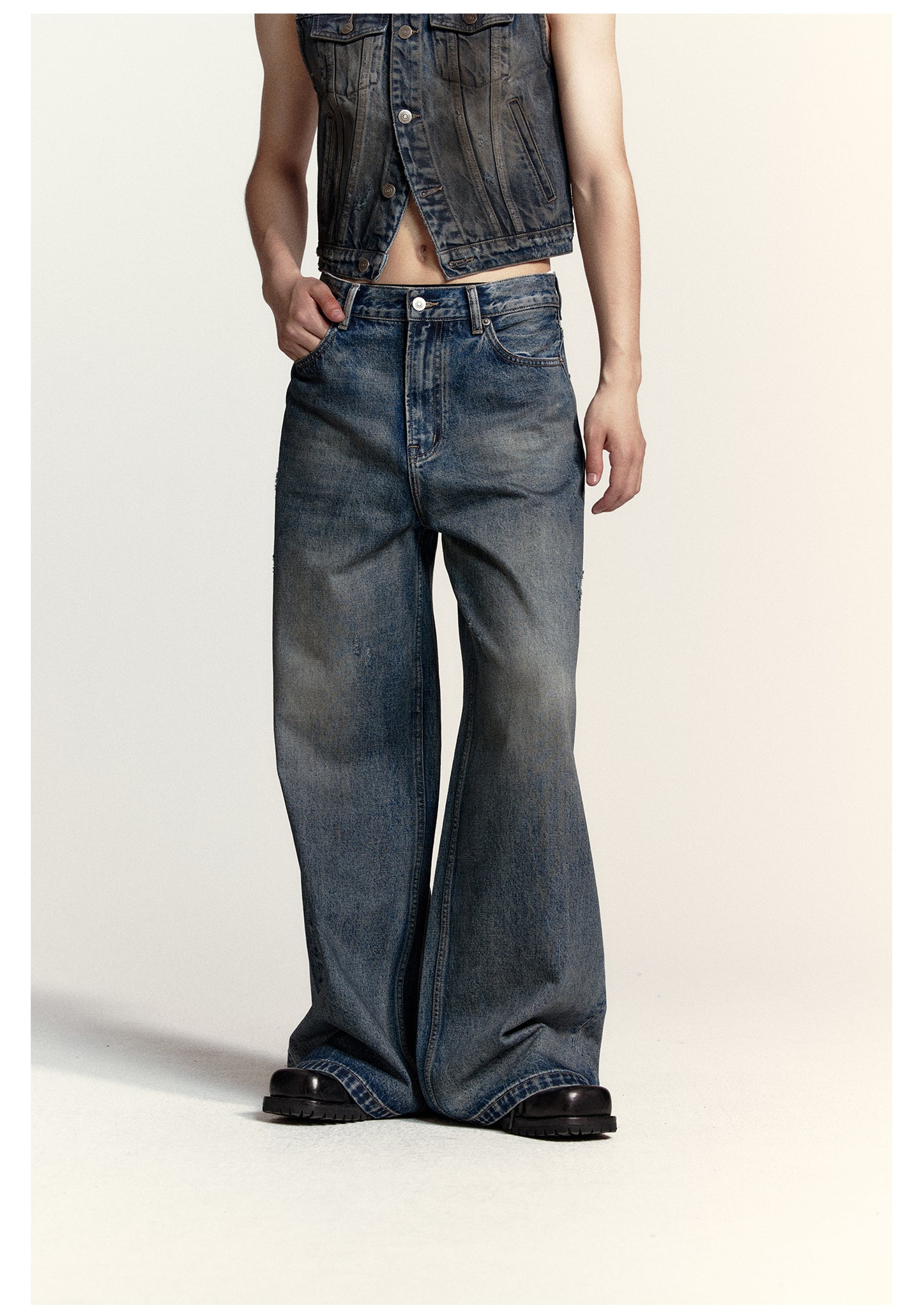 Wide straight washed retro denim pants