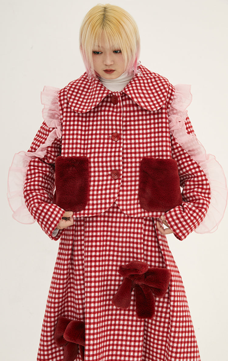 Girly Red Check Ruffle Jacket