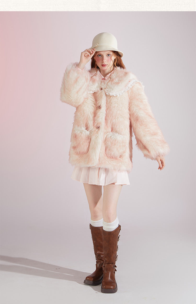 Original designSweet Baby Collar White&Pink Fur Coat