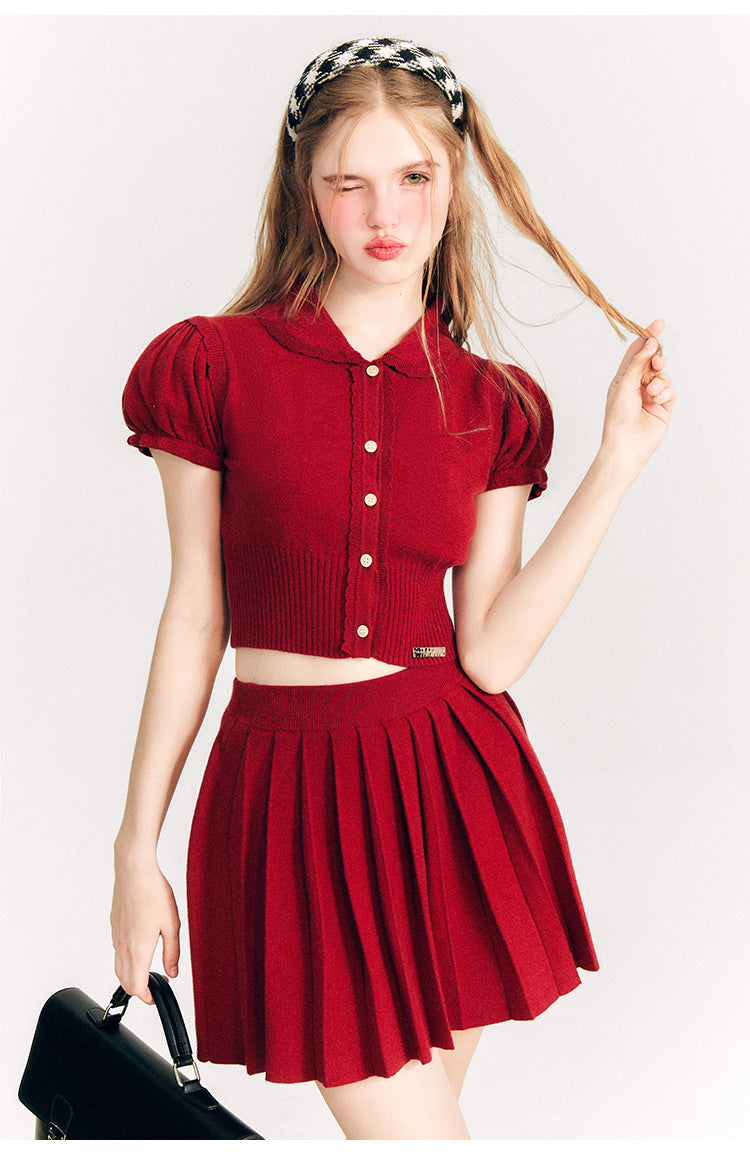 Puff Sleeve Short Length Knit & Pleated Short Length Skirt Setup