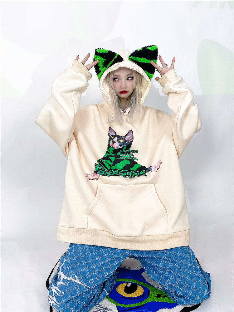 Loose fit cat ear print t-shirt