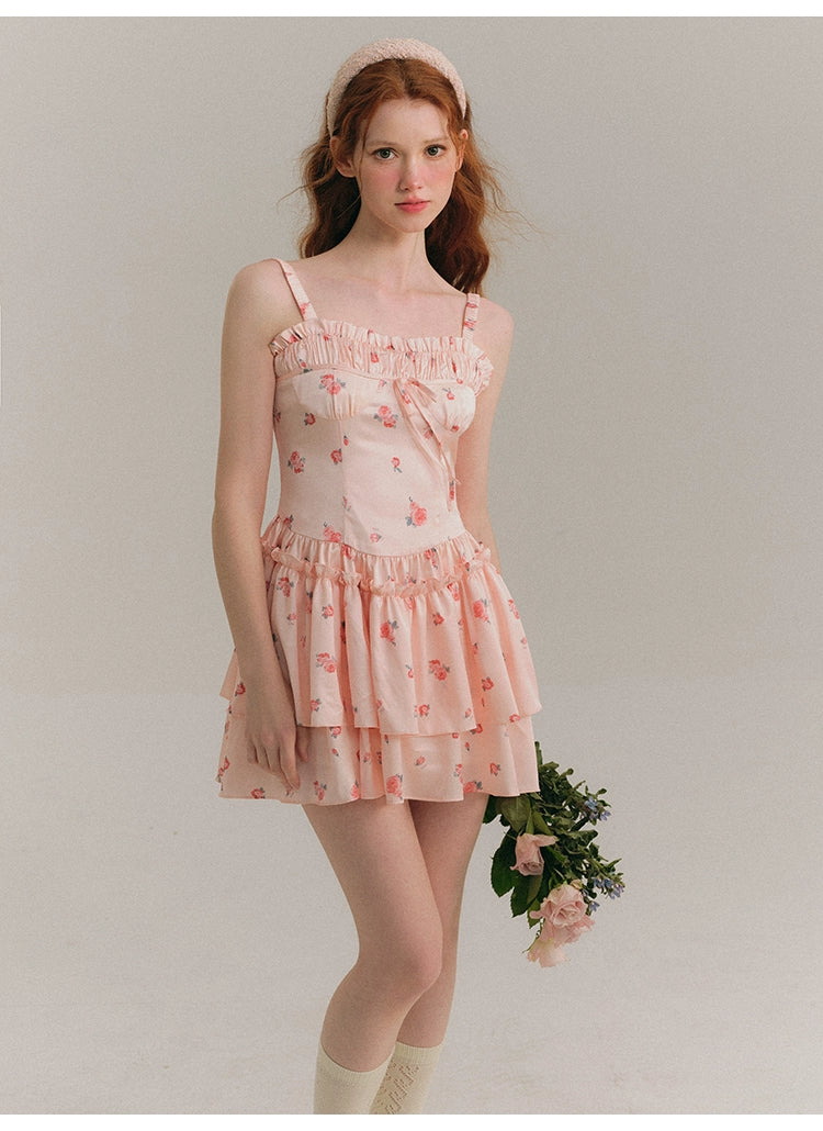 Square Neck Short Length Floral Pattern Dress