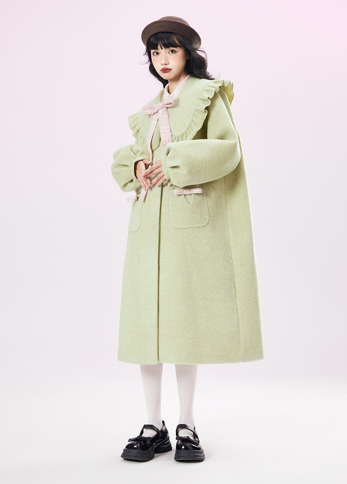 Original Design Green Collar Wool Coat Womens