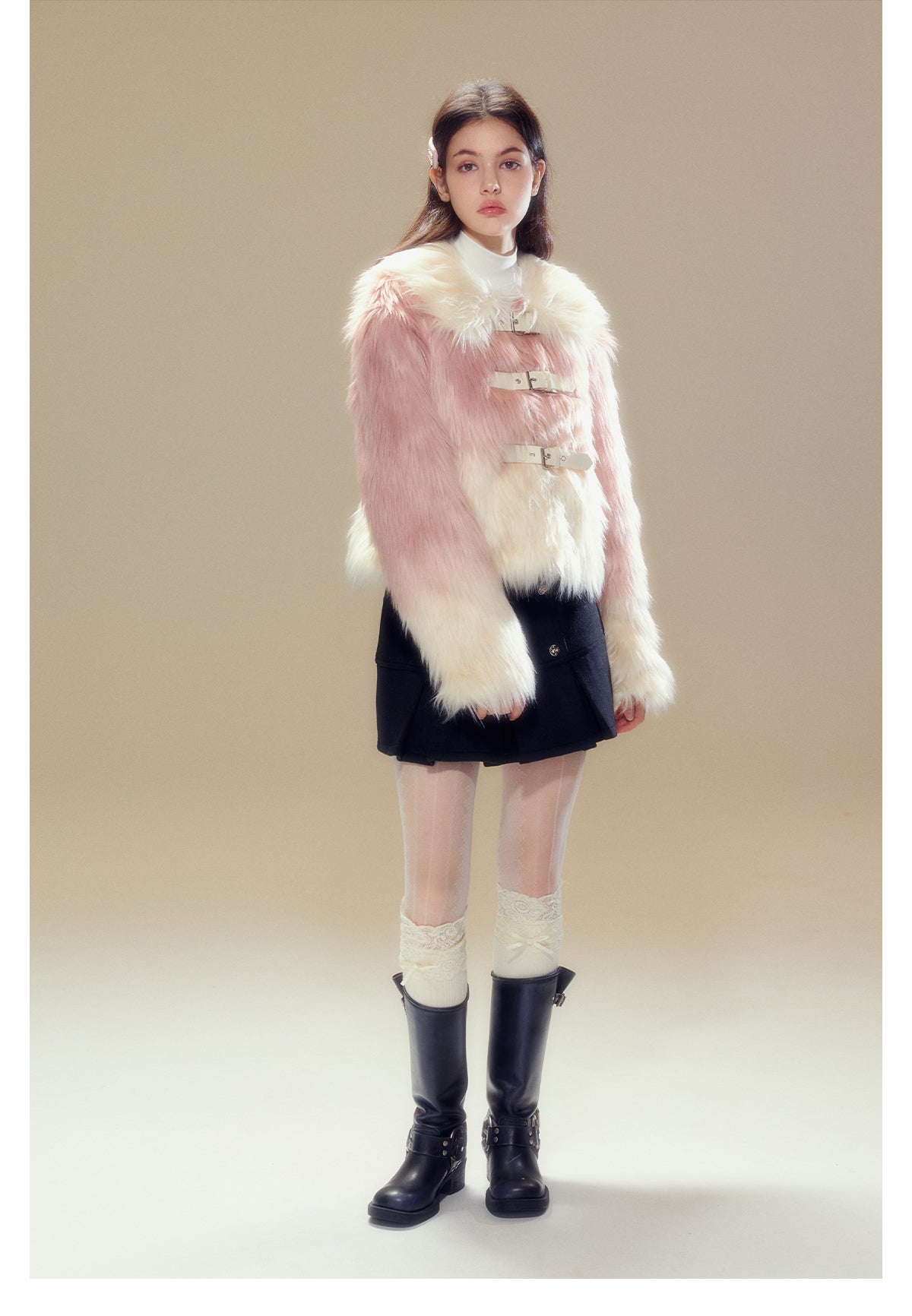 Short Length Gradient Leather Buckle Fur Jacket