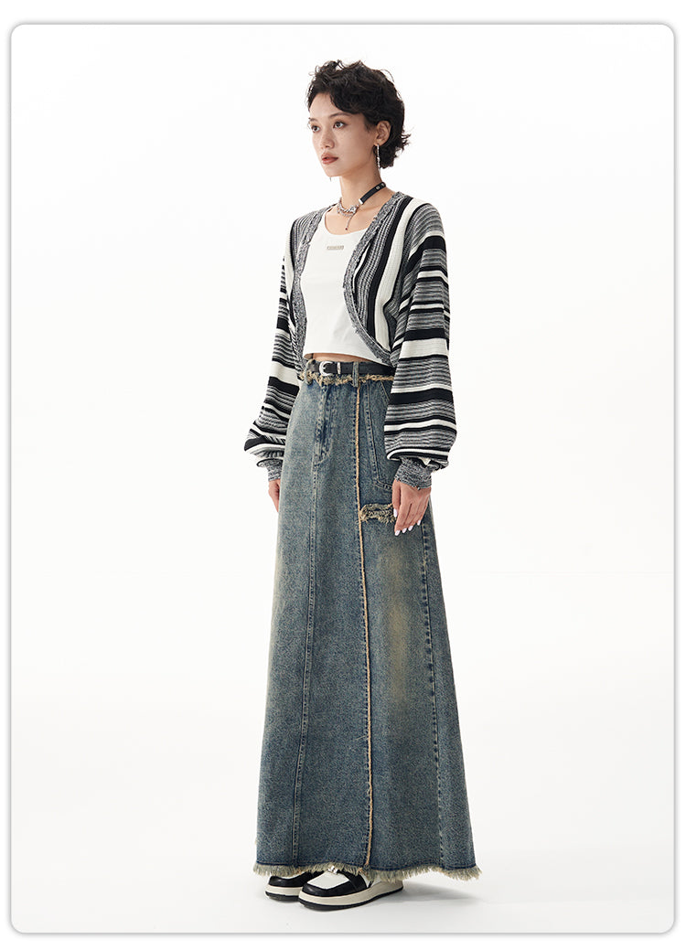 Washed Denim Long Skirt