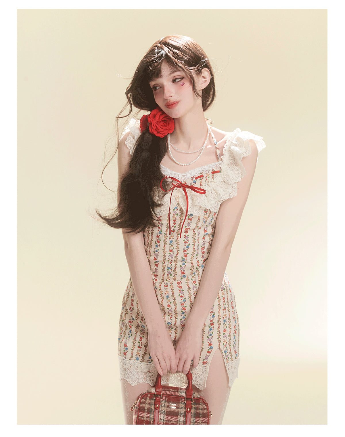 Floral Pattern Stripe Suspender Dress