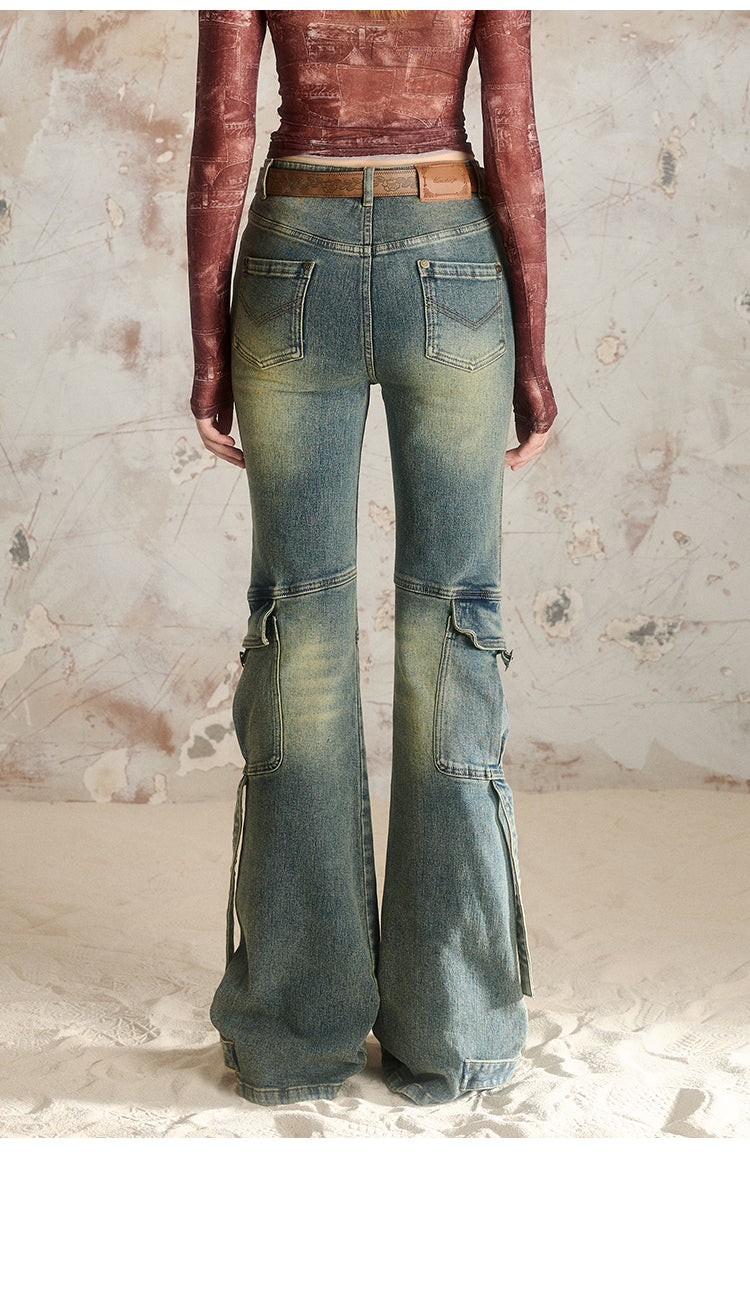 Slimming Bootcut Retro Blue Pocket Wash Pants