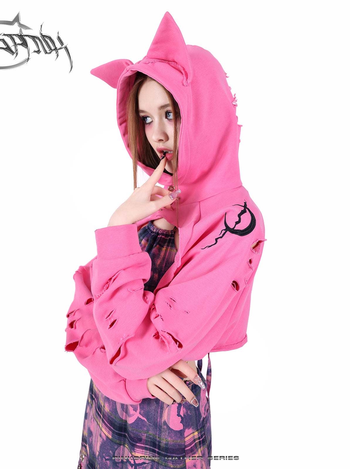 Cat Ear Damaged Sleeve Hood Top