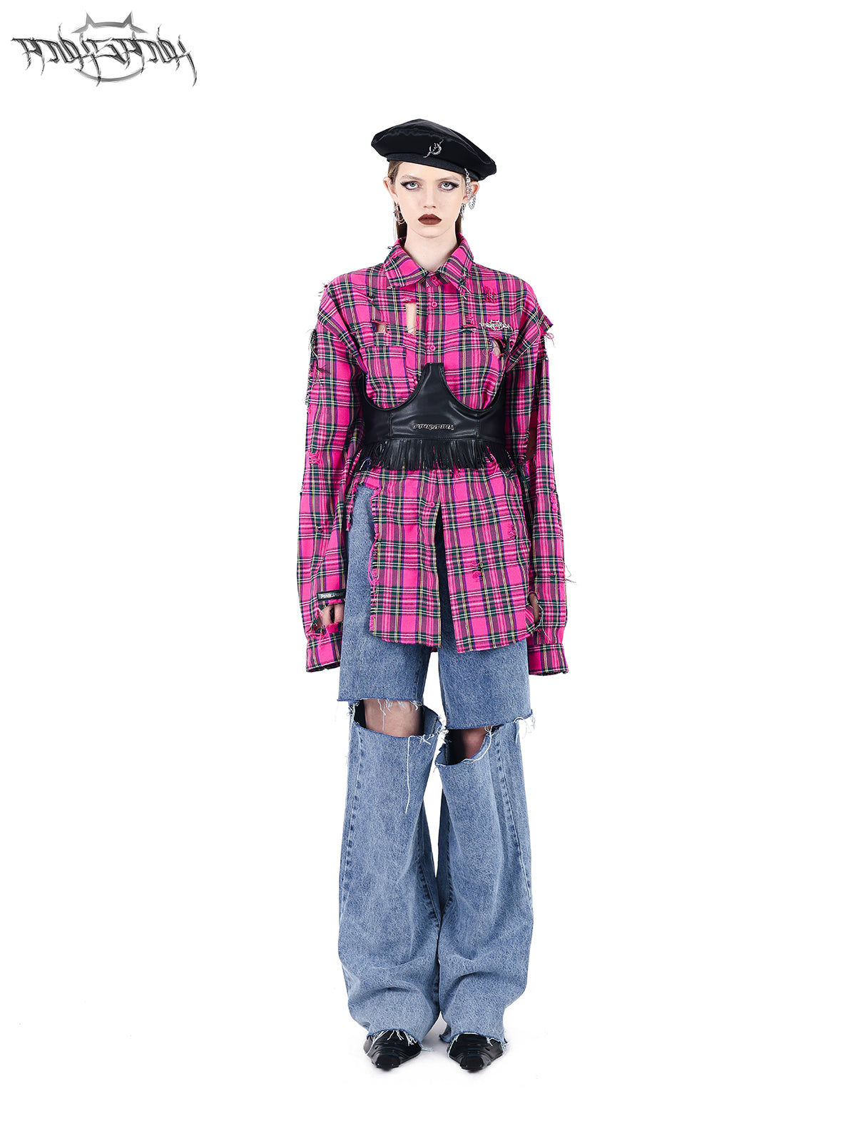 Loose fit pink plaid damaged shirt