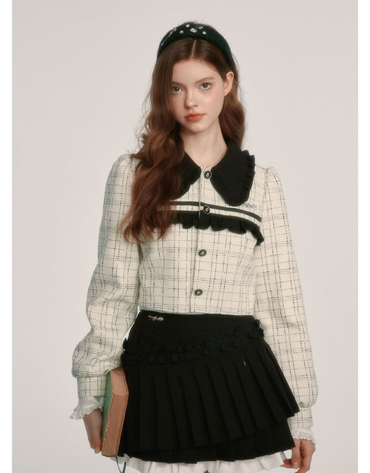 College Style Tweed Blouse & Pleated Skirt