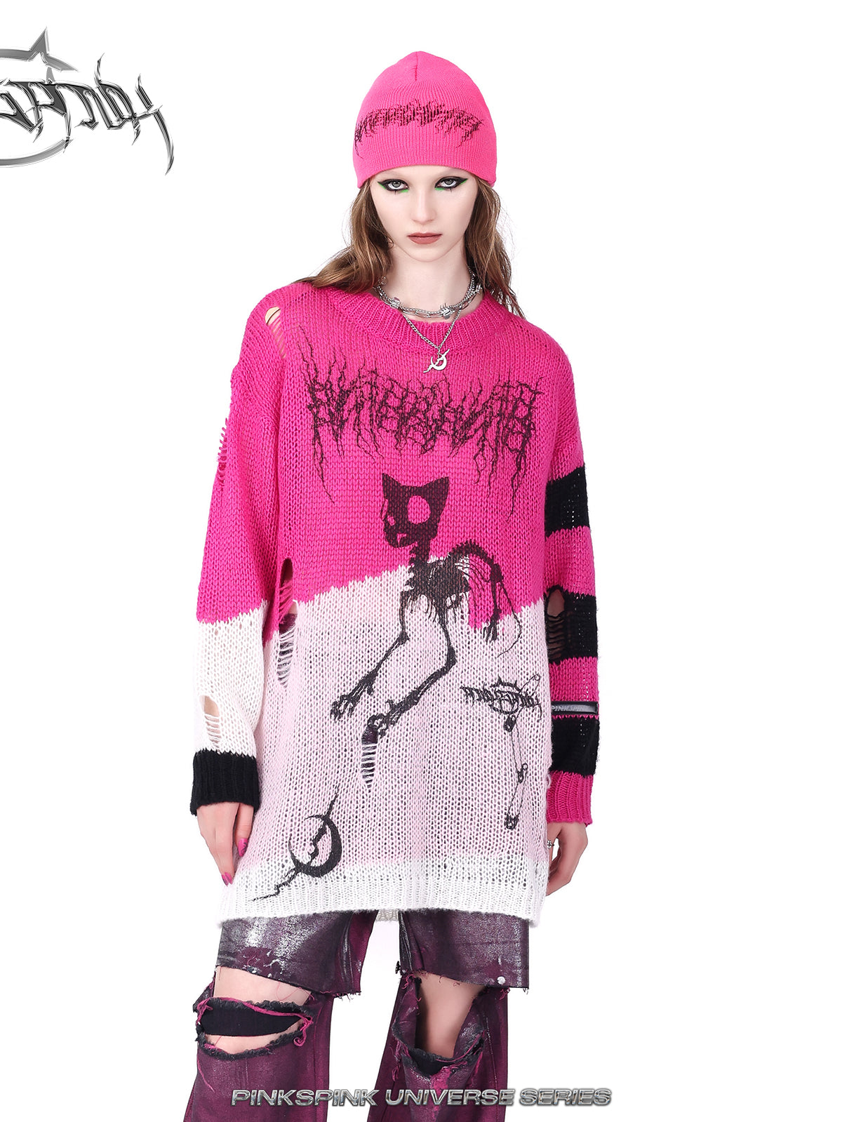 Loose Fit Cat Zombie Pattern Striped Knit