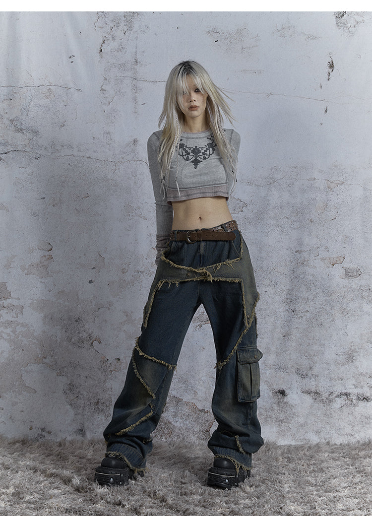 Washed Star Damaged Design Denim Pants