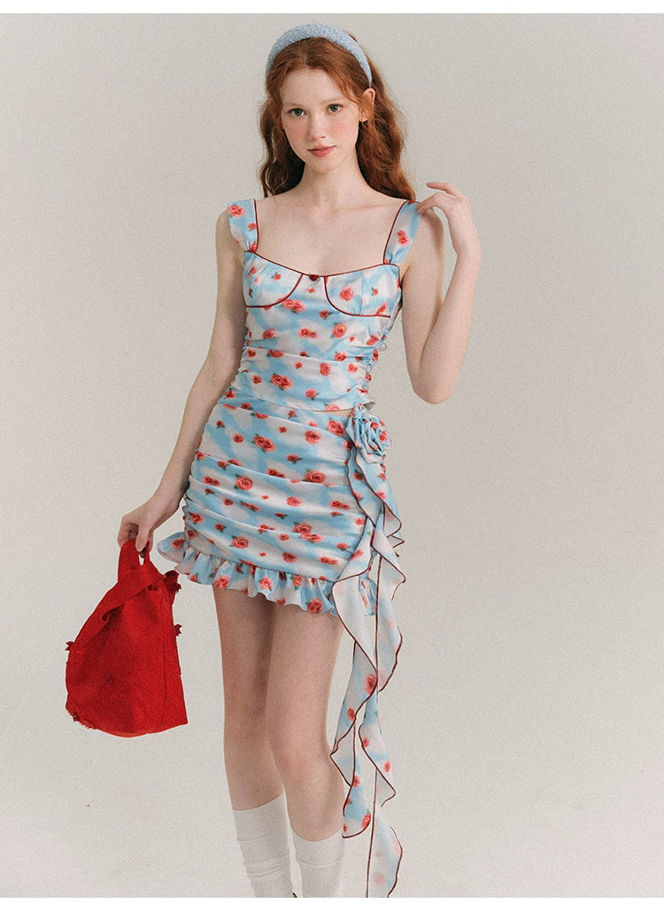 Slim Fit Rose Floral Pattern Suspender Dress