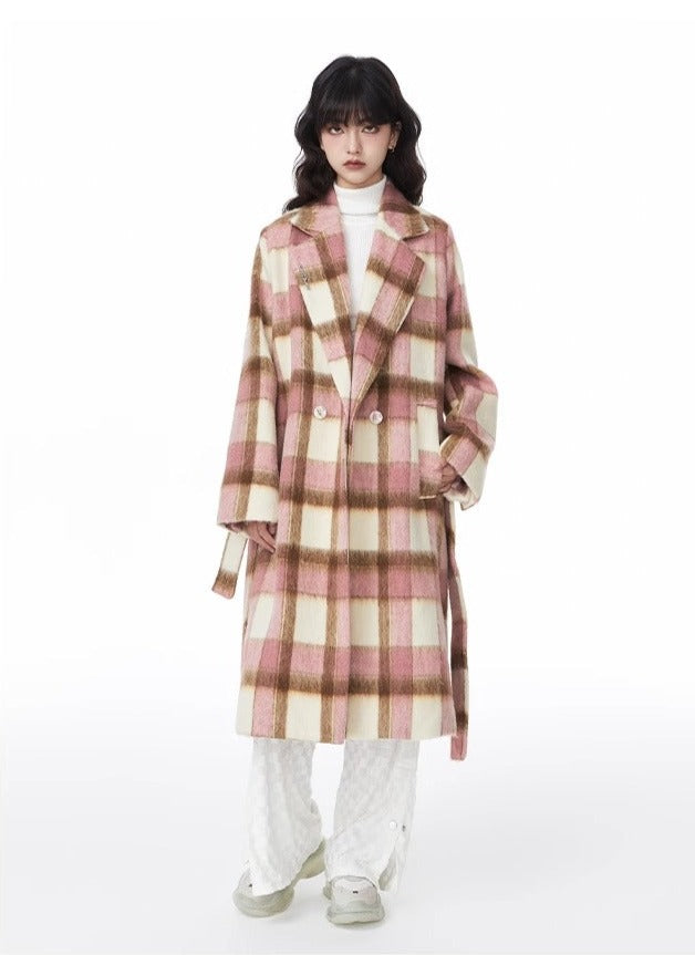 Checked wool mid-length coat