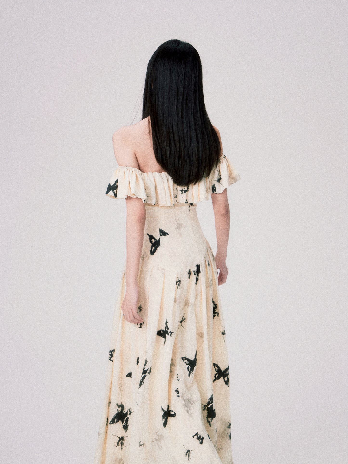 Off Shoulder French Butterfly Print Dress