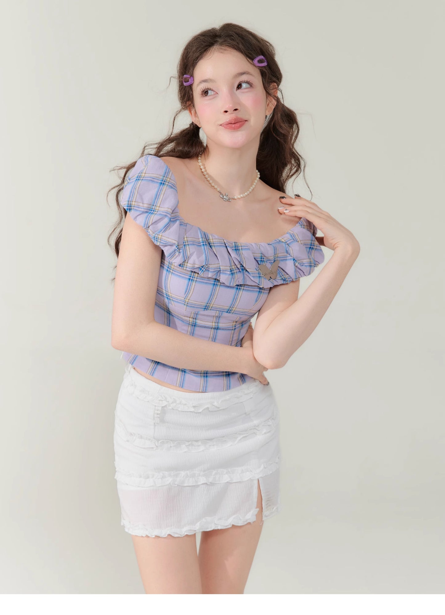 Plaid one-shoulder shirt