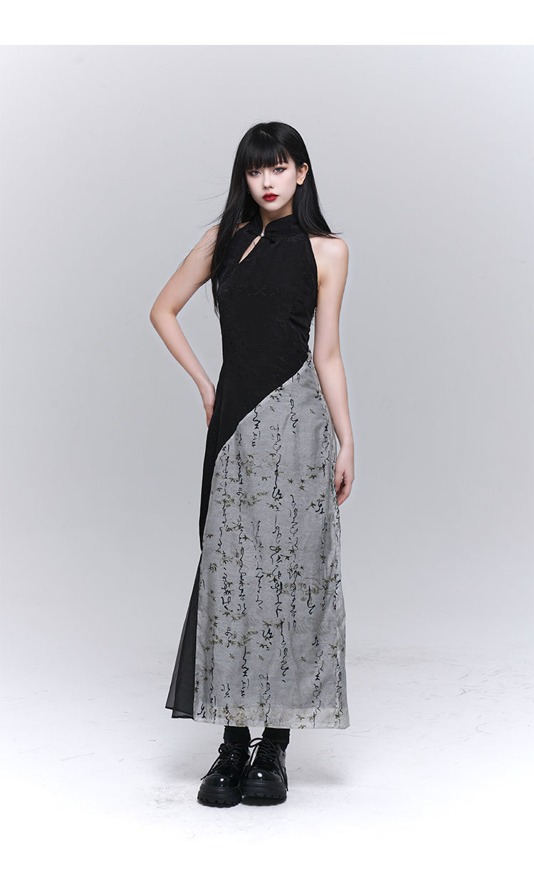 Contrast Color Side Slit Chinese Dress