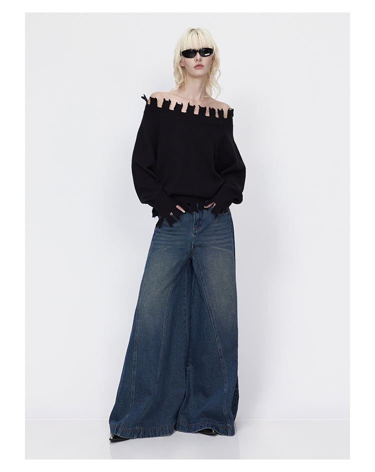 Oversized wide leg washed retro glare denim pants