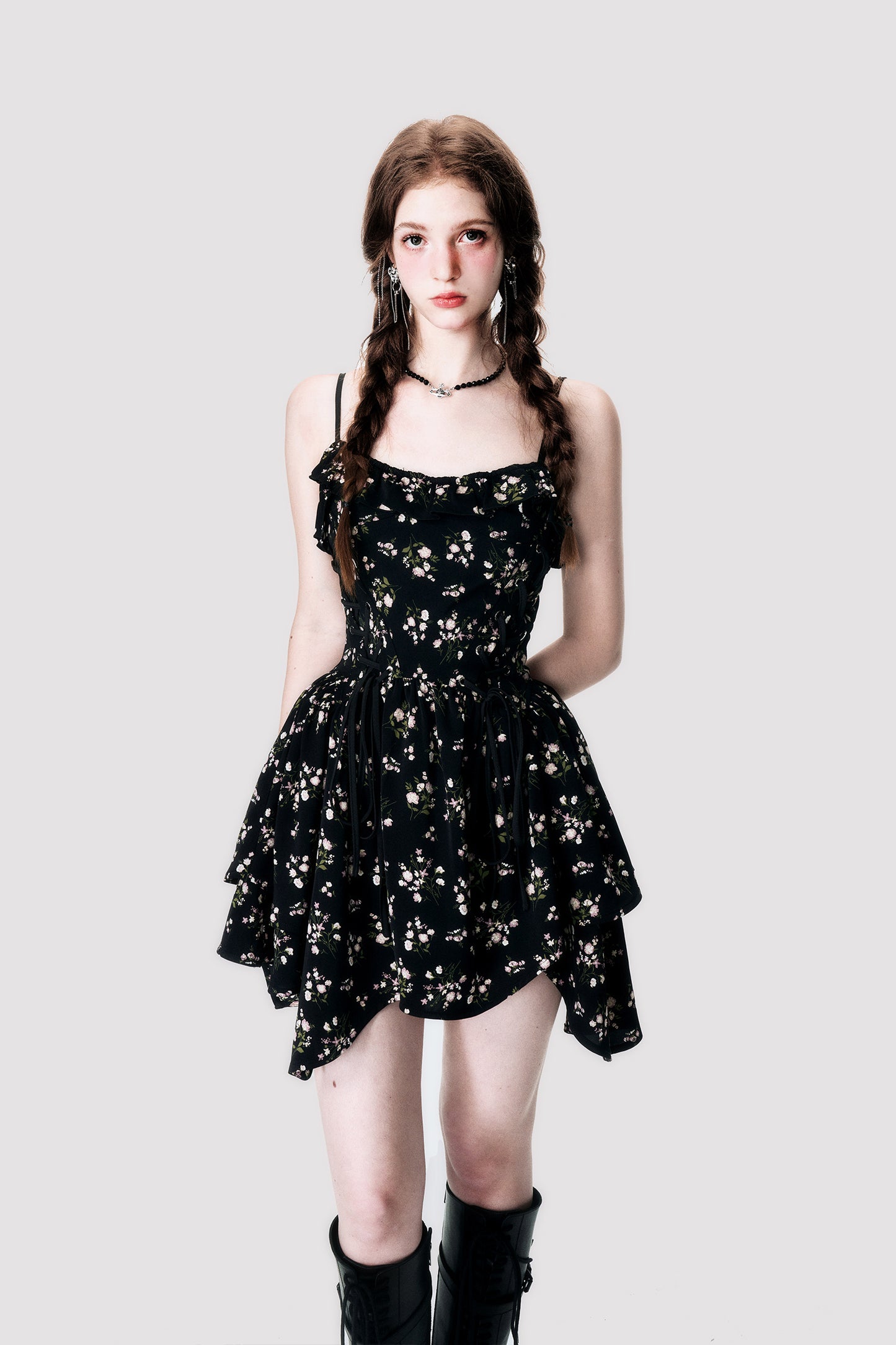 Irregular Waist Floral Short Length Dress