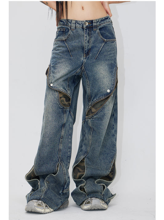 Wide leg splicing zip denim pants