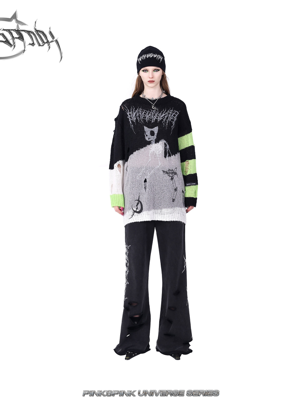 Loose Fit Cat Zombie Pattern Striped Knit