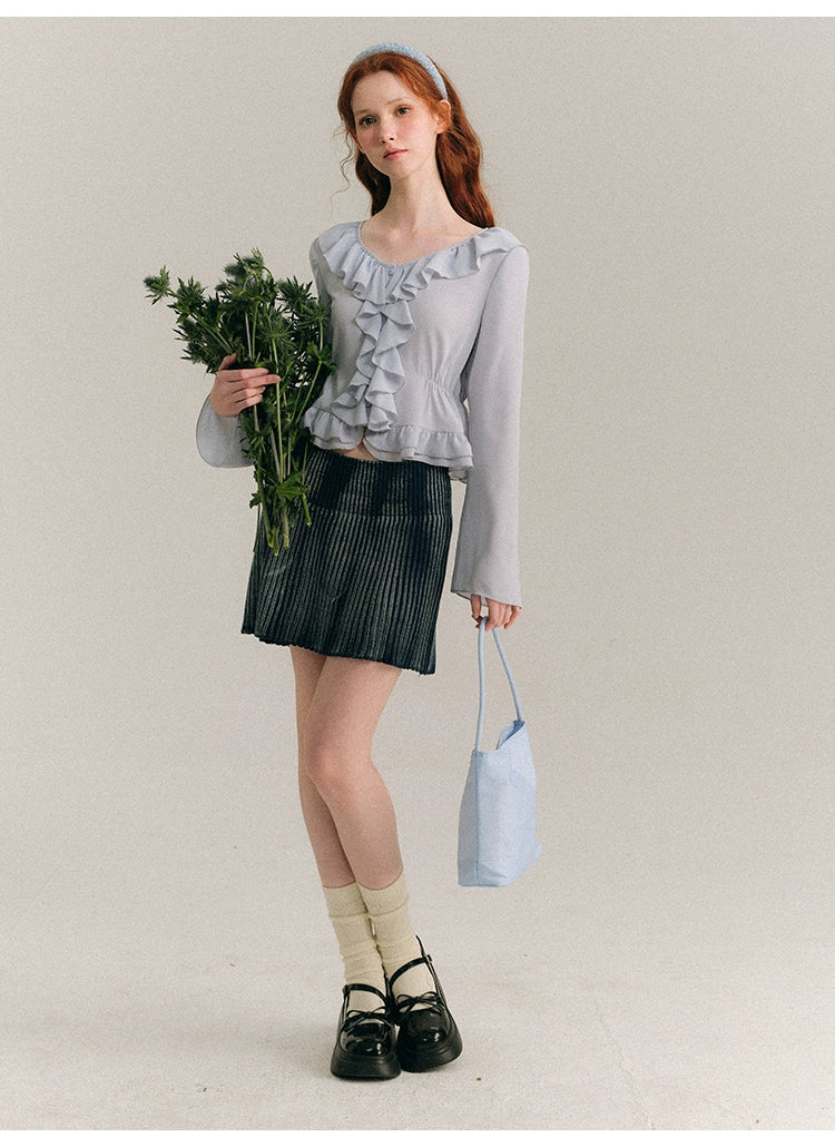 Sea Blue Broken Ruffle French Shirt Top