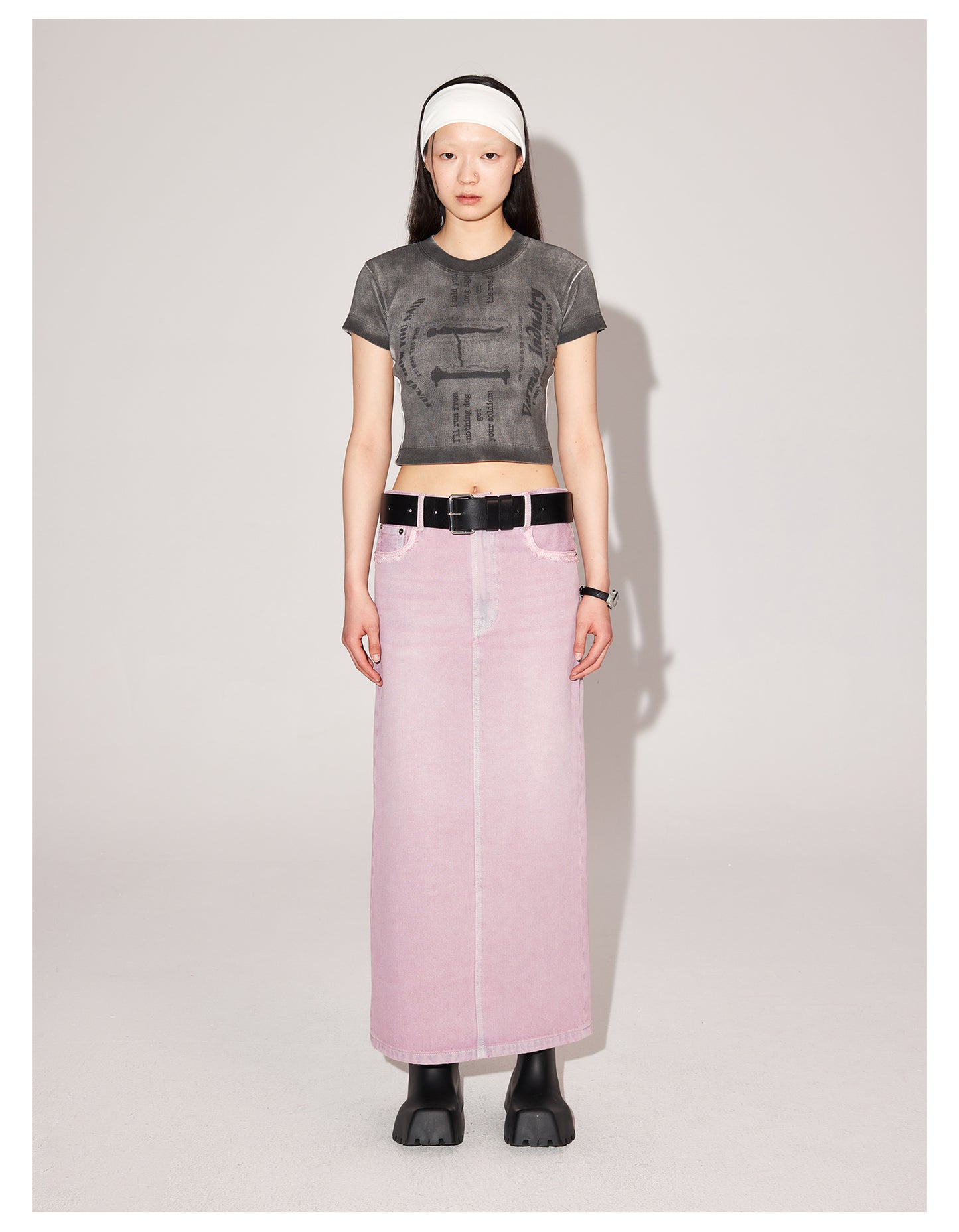 Slim Fit Long Length Washed Denim Skirt