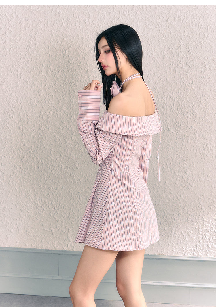 Off-Shoulder Striped Short Length Shirt Dress