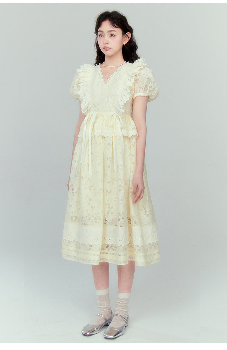 V-Neck Floral Pattern Ruffle Puff Sleeve Long Length Dress