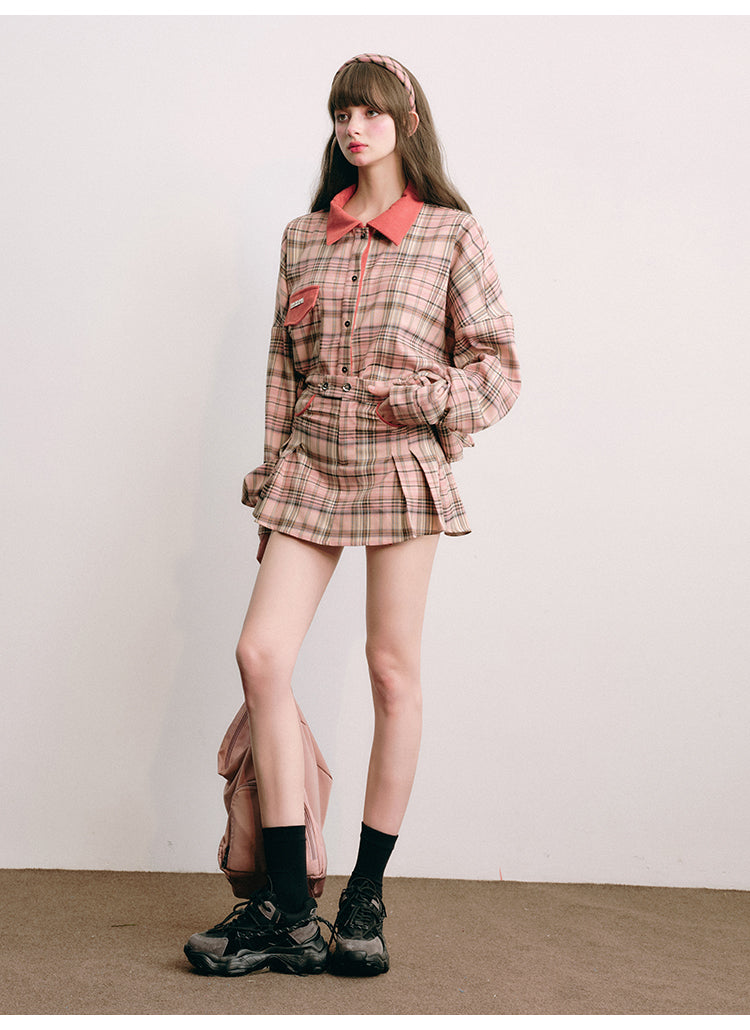 Loose Fit Plaid Shirt Jacket &amp; Pleated Skirt Set-Up