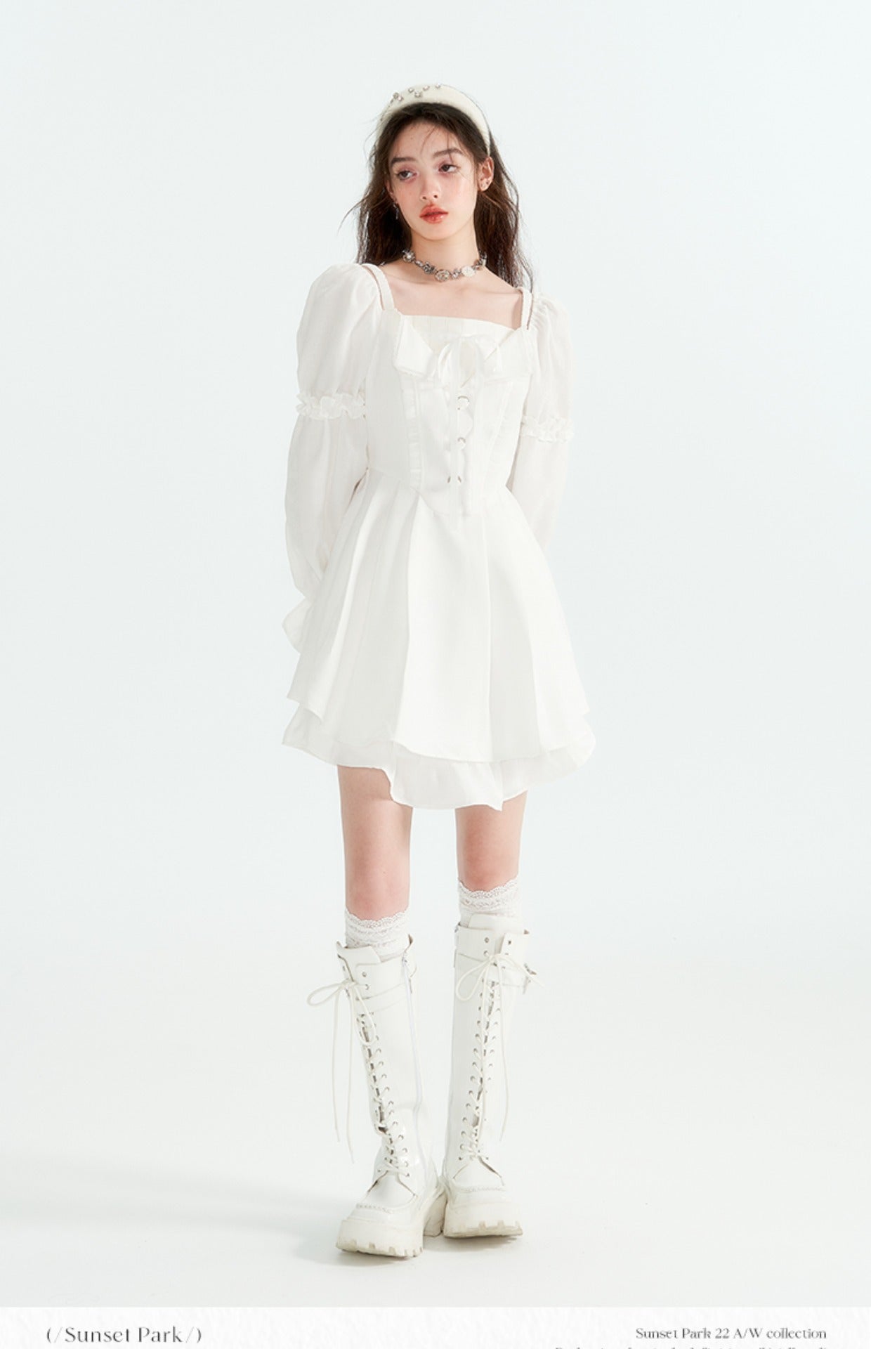 White Square Neck Puff Sleeve Tea Break Dress