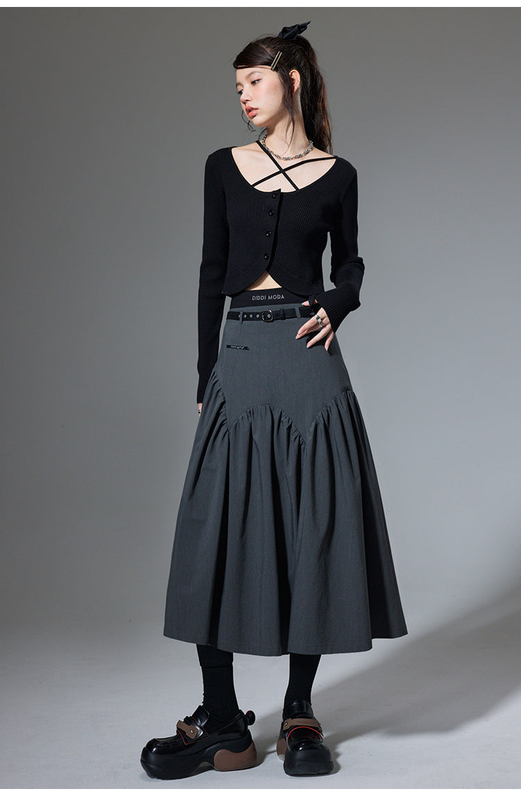 High Waist Stitch Pleated A-Line Long Skirt