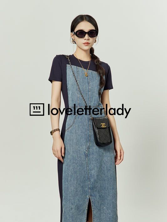 Slit Denim Splicing Dress