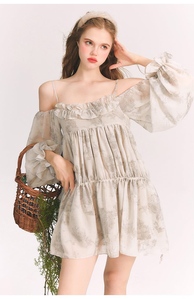 Square Neck Off-Shoulder Lace Ruffled Dress